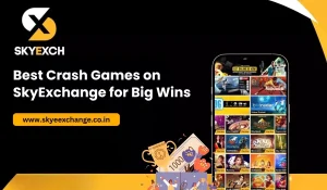 Best Crash Games on SkyExchange for Big Wins banner featuring SkyExchange logo, website link, and mobile app game preview.